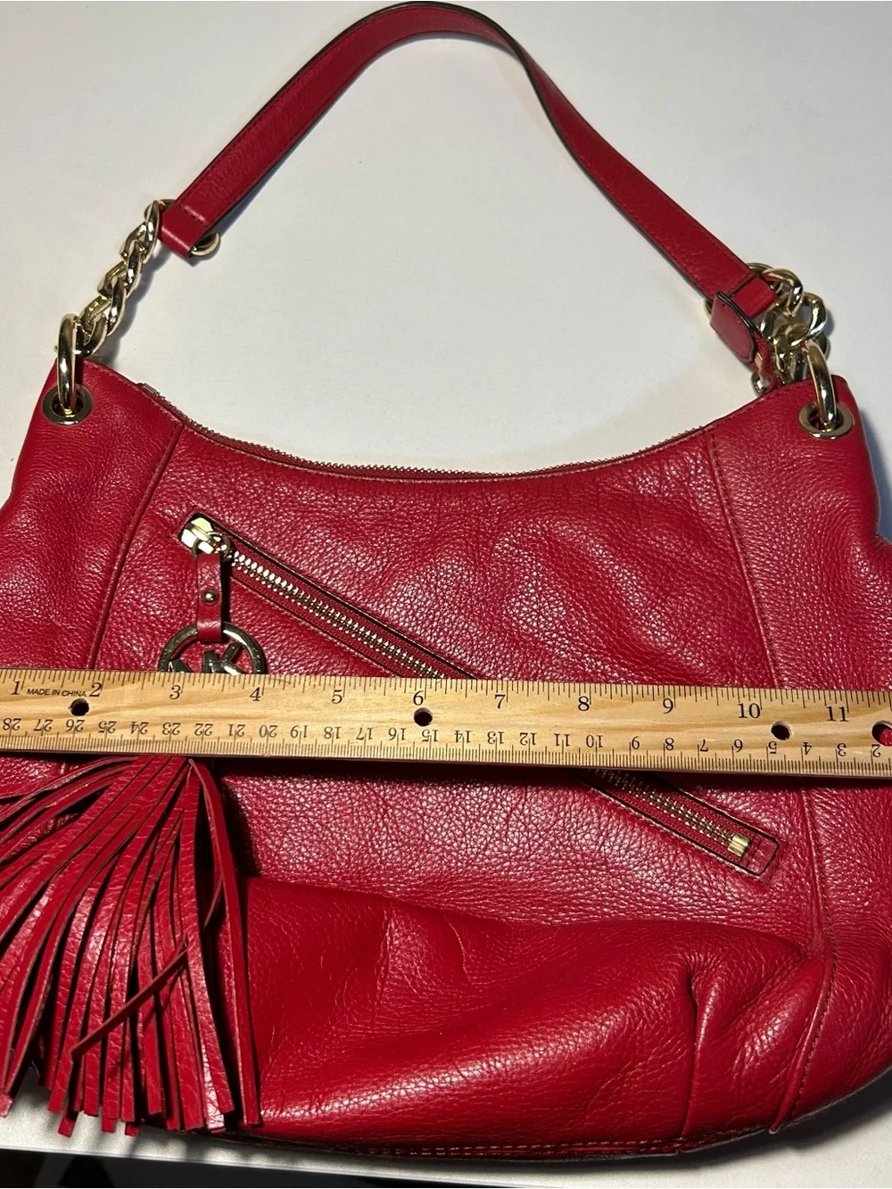Michael Kors Red Leather Tassel Hobo Shoulder Bag Gold Hardware